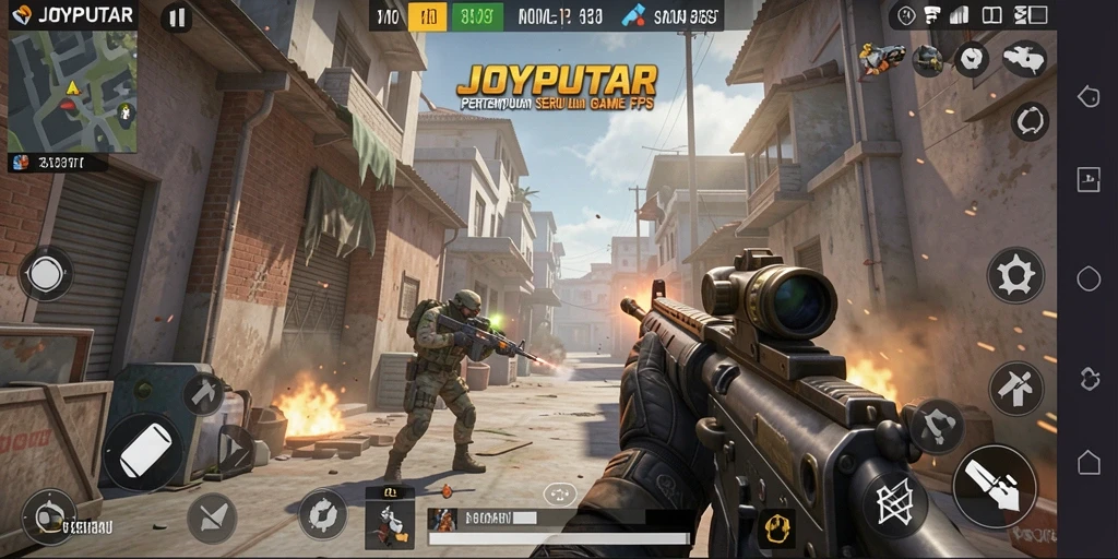 Screenshot gameplay JOYPUTAR memperlihatkan aksi tembak-menembak yang intens.